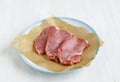 Three slices of raw meat on cooking paper