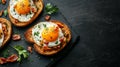Three Slices of Toasted Bread with Fried Eggs, Crispy Bacon, and Parsley on a Black Background. Royalty Free Stock Photo