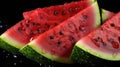 Three slices of watermelon on a black surface. Generative AI image. Royalty Free Stock Photo