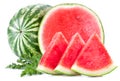 Three slices of watermelon with half and whole watermelon isolated on white background Royalty Free Stock Photo