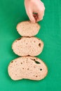 Three slices bread. Unusual tree. Green background Royalty Free Stock Photo