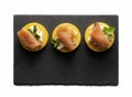 Three small appetizer with salmon Royalty Free Stock Photo