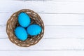 Three small blue quail Easter fresh organic eggs in a small basket on light blue background with copy space Royalty Free Stock Photo