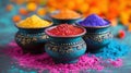 Three small bowls filled with colorful powder on a table, AI