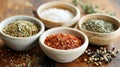 Three Small Bowls Filled With Different Kinds of Spices Royalty Free Stock Photo