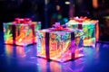 three small boxes with colorful lights on them