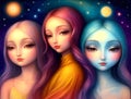 Three small muses scene illustration - AI generated image