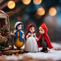 three small figurines of snow - dressed people near a birdhouse Royalty Free Stock Photo