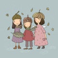 Three small forest fairies. Cartoon elves. Autumn postcard. Three sisters in fancy dress - Vector