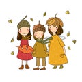 Three small forest fairies. Cartoon elves. Autumn postcard. Three sisters in fancy dress - Vector