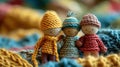 Three small knitted dolls are standing next to each other, AI