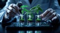 Three small plants in illuminated glass containers represent modern agricultural science and biotechnology breakthroughs Royalty Free Stock Photo