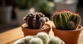 Three small potted cacti on a wooden table in a room with blurred background Royalty Free Stock Photo
