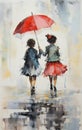 Whimsical Painting Of Two Children Holding A Red Umbrella In The Rain