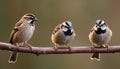 Three small sparrows perched on a brown branch with soft green background Royalty Free Stock Photo