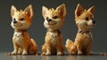 Three small statues of dogs sitting on a gray background, AI