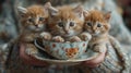 Three small to mediumsized cats are sitting in a cup of tea Royalty Free Stock Photo