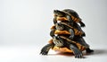 Three small turtles stacked on white background, showcasing their detailed shells, patterns. This studio shot highlights reptiles Royalty Free Stock Photo