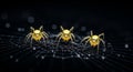 Three Yellow Baby Spiders on a Dew- Covered Web Against a Dark Background spiderweb arachnid Royalty Free Stock Photo