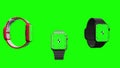 Three smart watch with green screen rotating on green screen. Animated mockup. Animation for presentation on mockup