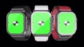 Three smart watch with green screen rotating on background with Alpha channel for chroma key. Animated mockup. Animation