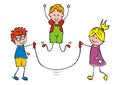 Three smiling children with jump rope, eps. Royalty Free Stock Photo