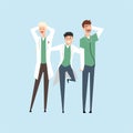 Three smiling doctors, hospital workers standing together vector Illustration on a light blue background