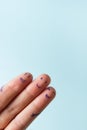 Three smiling fingers that are very happy to be friends. Friendship teamwork concept on blue background with copy space Royalty Free Stock Photo