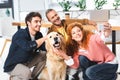 Three smiling friends taking selfie with Royalty Free Stock Photo