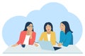 The girlfriend`s office workers sit at the table and jokingly talk about work. Flat design. Vector illustration