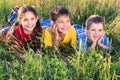 Three smiling kids on the meadow Royalty Free Stock Photo