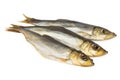 Three smoked herring on white