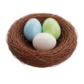 Three pastel-colored eggs nestled in a rustic brown bird\'s nest, symbolizing spring, new life, and Easter celebrations, isolated Royalty Free Stock Photo