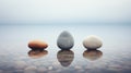 Three smooth pebbles reflecting in shallow water on the seaside. Oval stones in a calm misty ocean. Generative AI