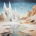 Surrealistic Futuristic Snowy Landscape Painting With Elaborate Spacecrafts Royalty Free Stock Photo