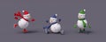 Three snowman\'s are playing on grey background. Winter Holidays cute concept 3d render