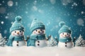 three Snowmen in blue knitted clothes. Digital illustration. Poster