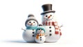 Three Snowmen Dressed in Festive Winter Attire on White Background