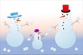 Three snowmen play snowballs and rejoice