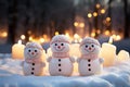 Three snowmen in scarves and hats stand together in the snow. Winter Christmas greeting card. Royalty Free Stock Photo