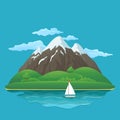 Three snowy mountains with green hills, lush trees and bushes, lake, sailboat and clouds on a blue background.