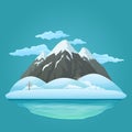 Three snowy mountains with snow covered hills, bare trees, frozen lake and clouds on a blue background. Royalty Free Stock Photo