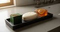 Three soap bars sit on a rectangular black tray on a countertop. The soaps inclu Royalty Free Stock Photo