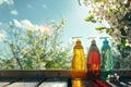 Three soap bottles rest on a wooden table under the sky Royalty Free Stock Photo