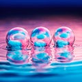 Three soap bubbles, shimmering pink and blue and reflecting the sky, above the serene water surface Royalty Free Stock Photo