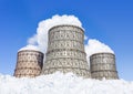 Three soaring evaporators of CHP and a lot of snow against the blue sky.