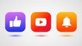 Three social media interface icons including a like button, youtube play button, and notification bell icon Royalty Free Stock Photo