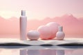 three soft pink bottles of cleansers and lotion are on a white background