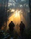 Three soldiers navigating a dense, misty forest, dramatic sunbeams piercing canopy, cinematic lighting Royalty Free Stock Photo