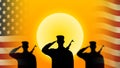 three soldiers saluting national flag of America at sunrise time Royalty Free Stock Photo